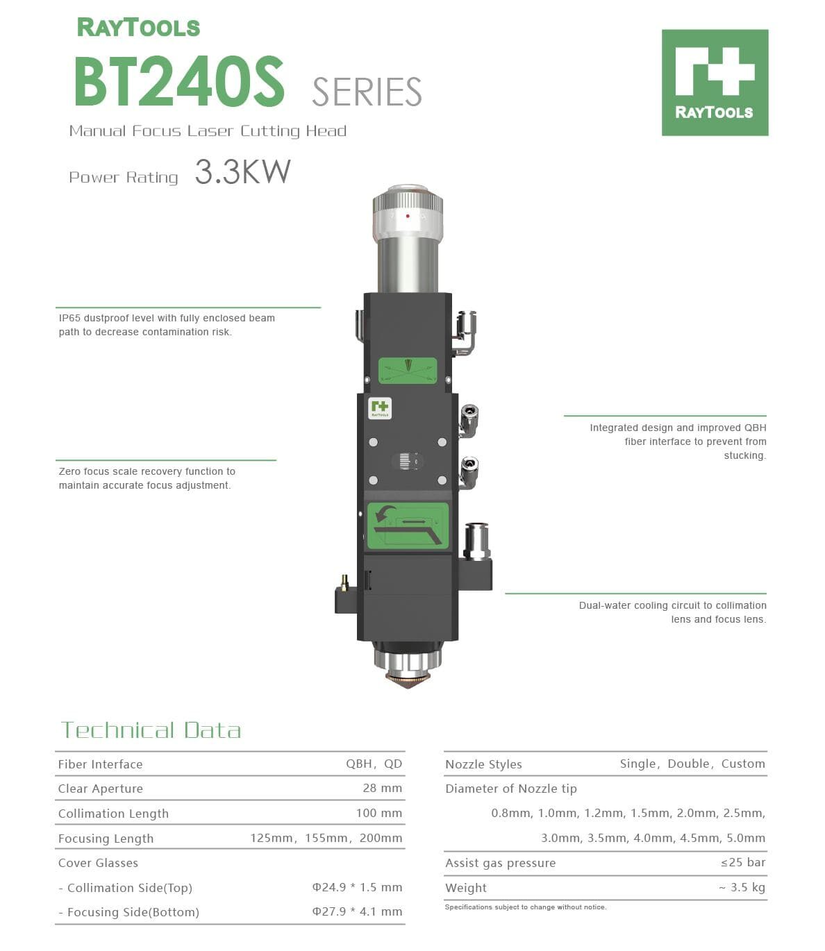 raytools　BT240S マニュアル フォーカス レーザー切断ヘッド　仕様